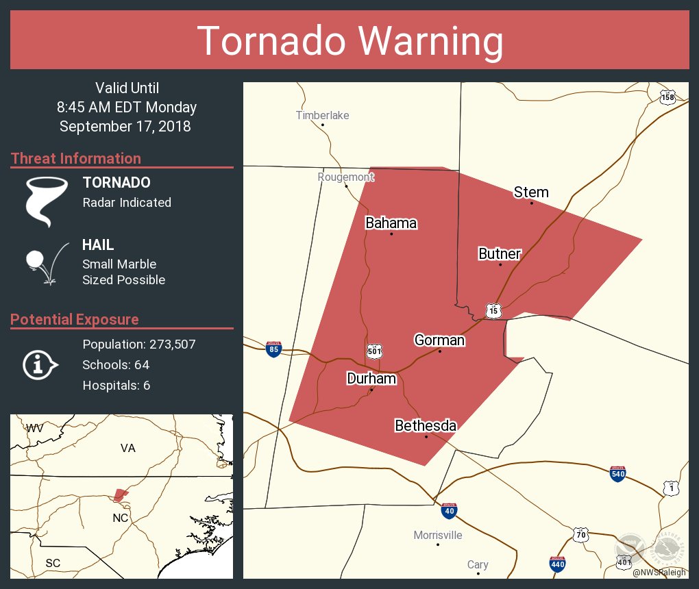 Tornado Warning including Durham NC, Butner NC, Creedmoor NC until 8:45 AM EDT   