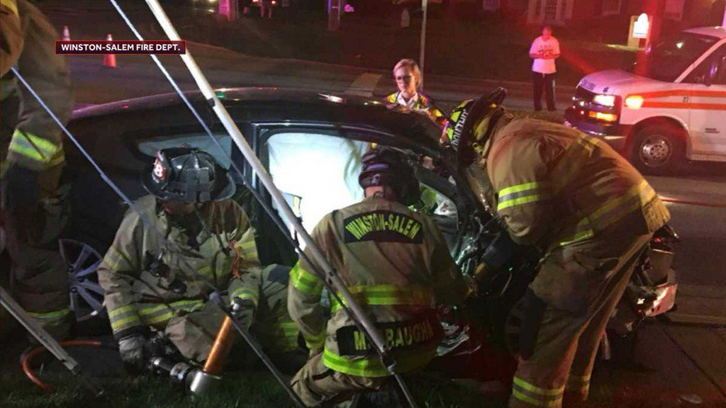 Three people were injured in a crash at the intersection of Reynolda and Polo Roads