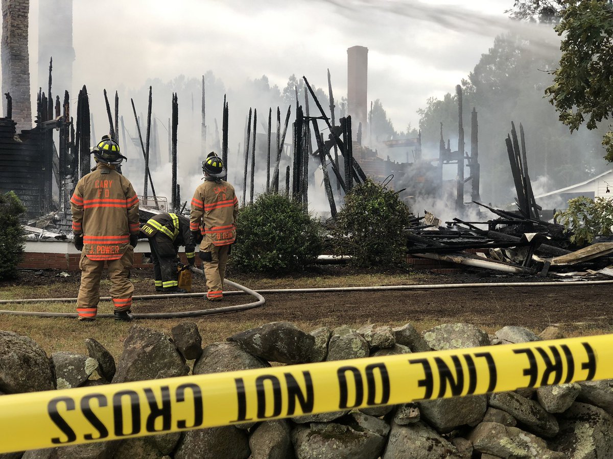 Fire destroys Victorian-style home overnight on Green Level West Road in Apex, near the Wake-Chatham County line.  Two people inside got out okay around 4 a.m. It took firefighters two hours to get the fire under control.      
