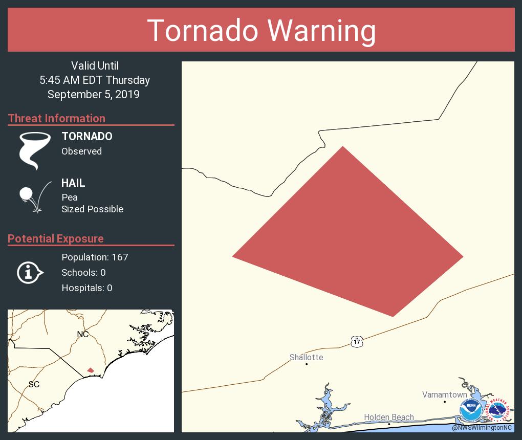 Tornado Warning continues for Brunswick County, NC until 5:45 AM EDT