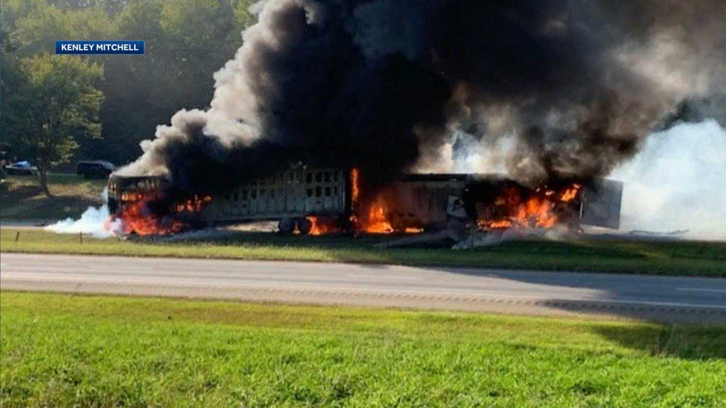 Crash between two tractor-trailers causes fire, shuts down I-77 near Elkin