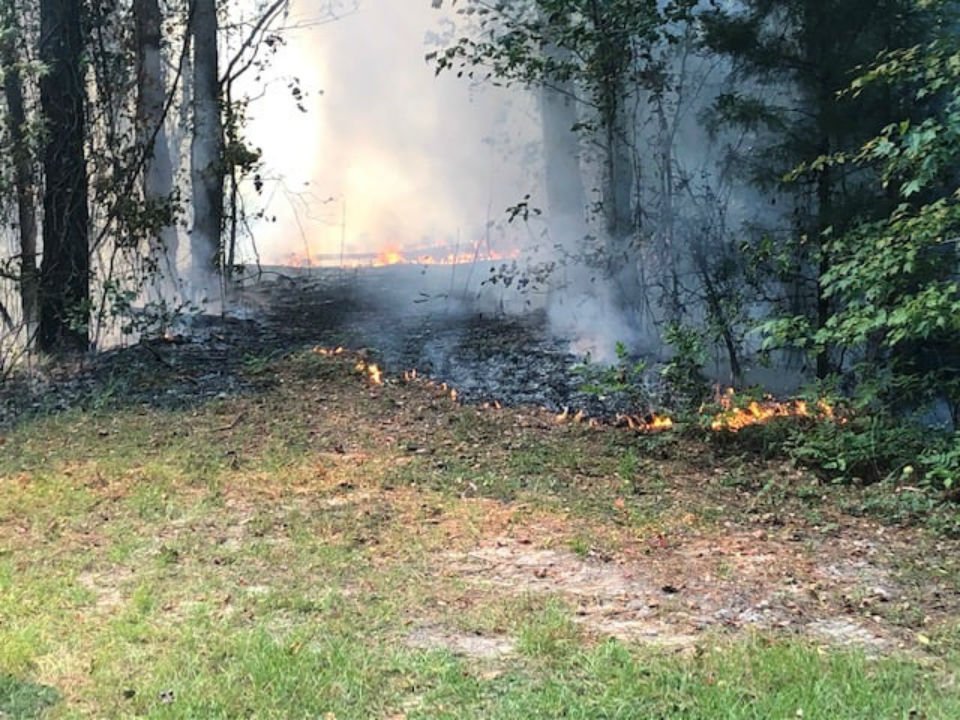 Jacksonville Fire & Emergency Services, Camp Lejeune Fire &amp; Emergency Services, Southwest Volunteer Fire Department, Onslow County EMS and NC Forestry Service are on the scene of a brush fire