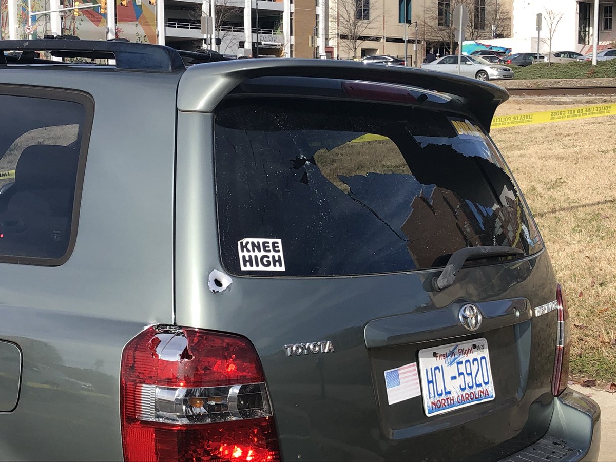 Durham Police  investigating a shooting in downtown Durham. Just talked to the owner of this SUV. He says he was NOT inside it. It was parked on Pettigrew Street. 