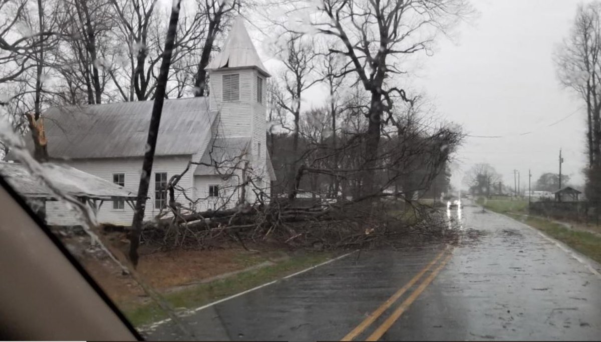 Storm damage on Ramseur Julian Road in Liberty in Randolph County. The National Weather Service is working to confirm if a tornado hit the area. Last night's severe weather uprooted trees, snapped power lines, flooded roads, and damaged property