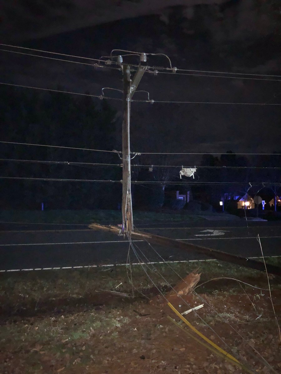 Driver hit pole, snapping it in 2 with lines down on Wilson Grove Rd. in front of @BigIPatriots IndependenceHighSchool in Mint Hill. A mess that's going to cause problems this morning.  