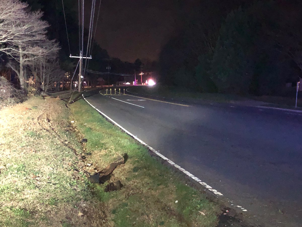 Driver hit pole, snapping it in 2 with lines down on Wilson Grove Rd. in front of @BigIPatriots IndependenceHighSchool in Mint Hill. A mess that's going to cause problems this morning.  