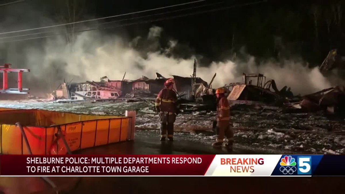 A big fire at the Town of Charlotte's garage on Church Hill Road. Multiple fire departments responded. Snow plows were inside the building but thankfully no injuries have been reported