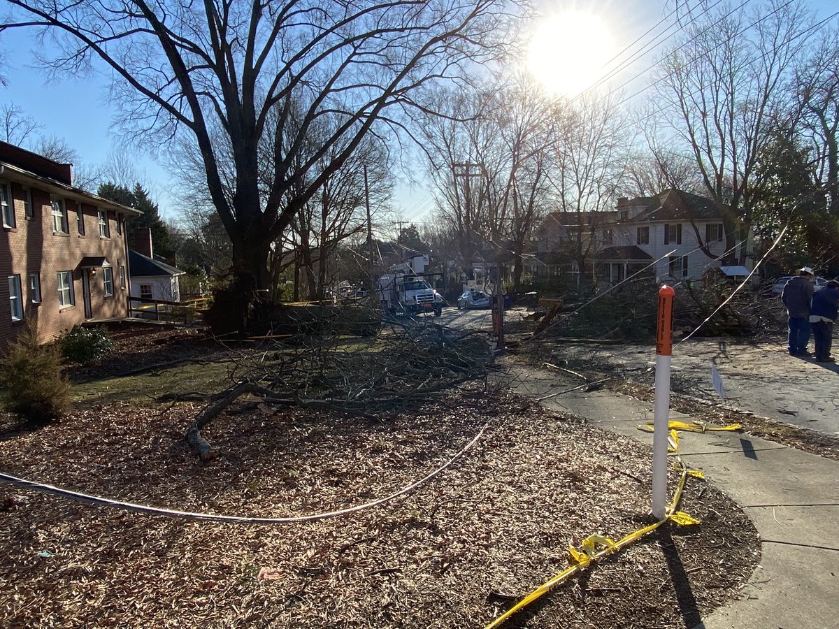 The 1900 block of W Academy St has multiply crews on scene working. A large tree fell taking out a power pole. @CityofWS crew are working to clean up the falling tree while @DukeEnergy is working to make repairs to the power pole and lines