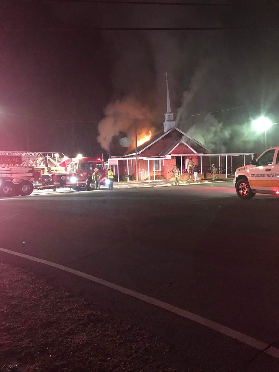 Crews battling major fire just after 1 o'clock this morning at Springfield Pentecostal Church o Highway 79 also known as Gibson Road in Scotland County, according to officials.  Neighboring fire departments are helping Laurinburg and Scotland County to fight the fire