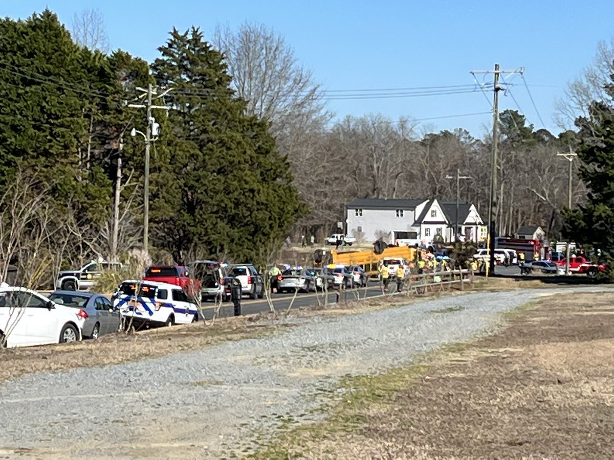 Scene of an overturned school bus in Johnston County. along Polenta Road. Massive police, fire presence on scene