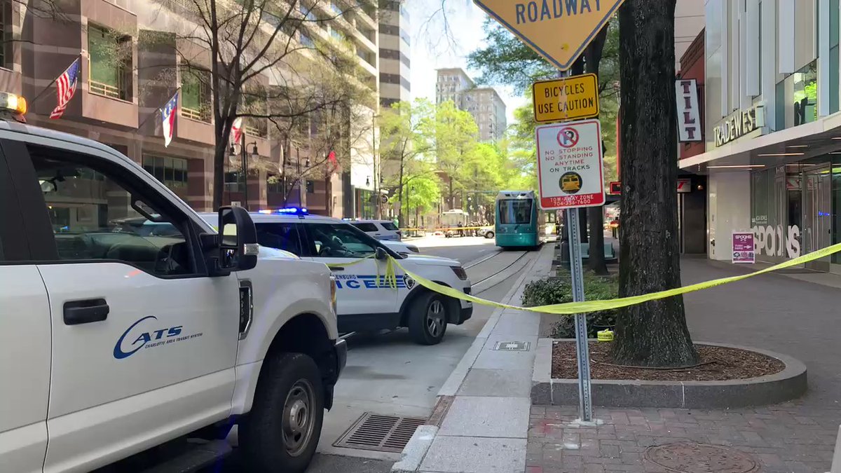 Several blocks of Uptown Charlotte are blocked off. Significant presence by CMPD. Mobile crime unit, CFD, and Medic are all on scene.