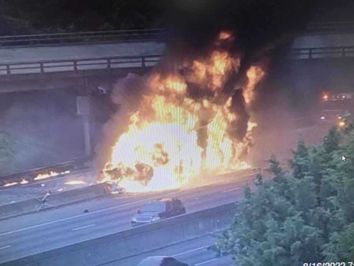 This is from @QCNTraffic in Charlotte. A completely engulfed tractor trailer. They're concerned with bridge integrity.