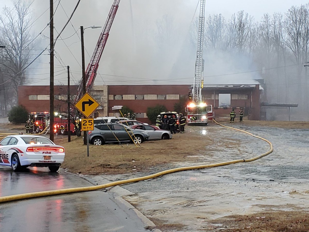 Massive structure fire in Thomasville. Two-story commercial structure at 602 Salem St - Road blocked Stadium Drive to Lodge Drive - Was vacant at time of fire, no injuries - Crews from multiple agencies still fighting fire 