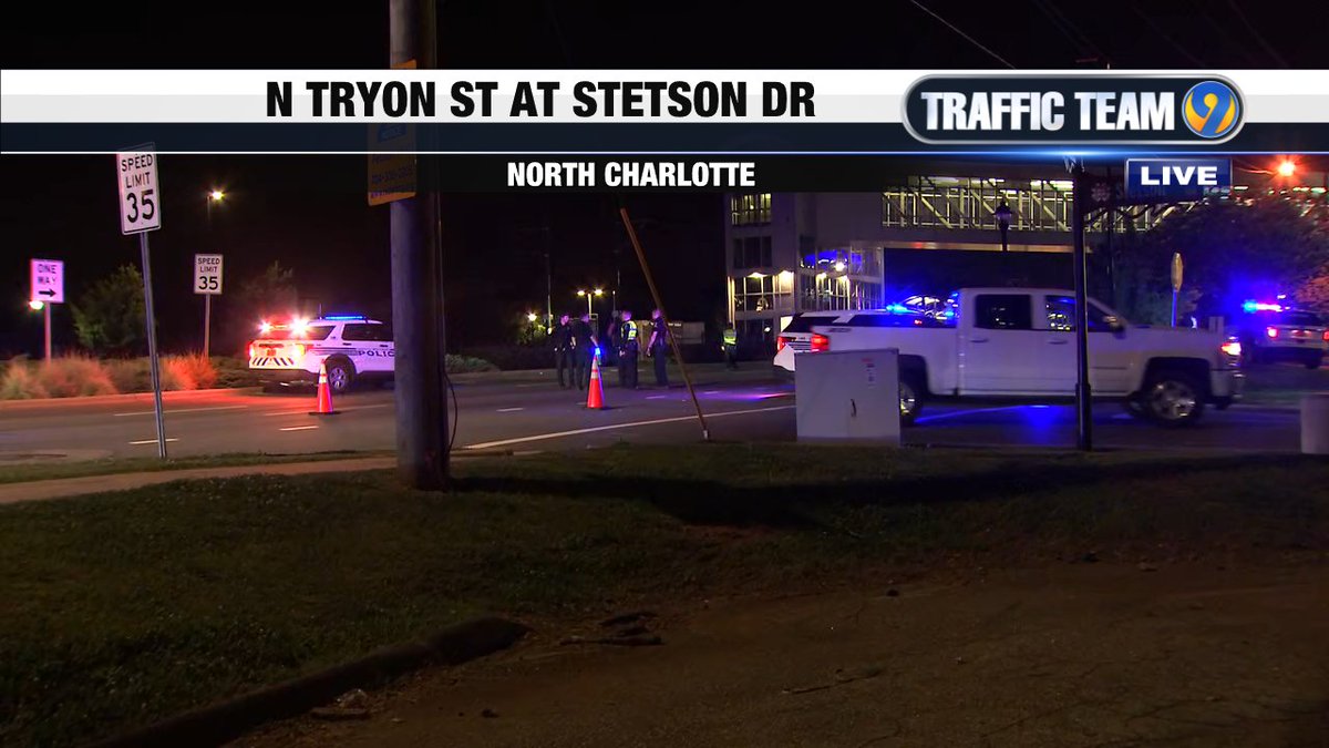 Police on scene of a crash in NCLT. IB North Tryon St is blocked at Stetson Dr