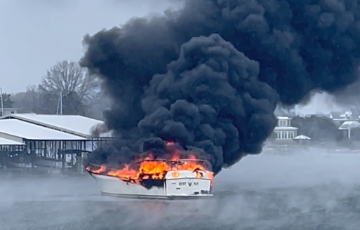 Large cabin cruiser boat erupts in flames in Cornelius. 